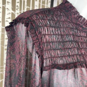 Sheer Floral Print Smocked Ruffled Mock Neck Blouse Maroon Black NWT sz L